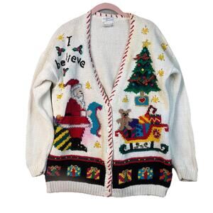 VTG Andrea Lauren Womens L Cardigan Knit Christmas Santa Ramie Cotton Boho Ugly
